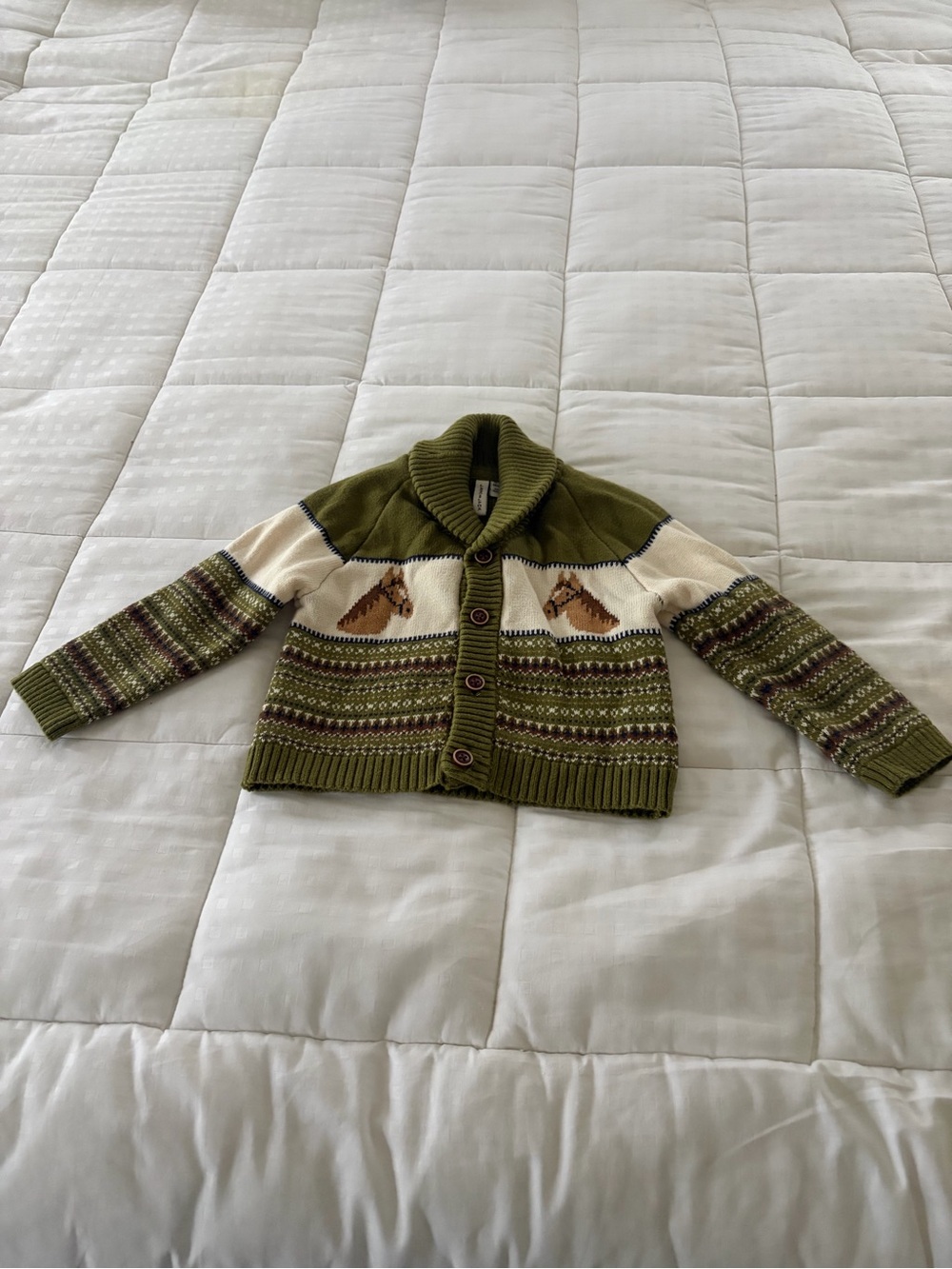 Janie and Jack Olive Green Shawl Collar Cardigan with Horse Motif